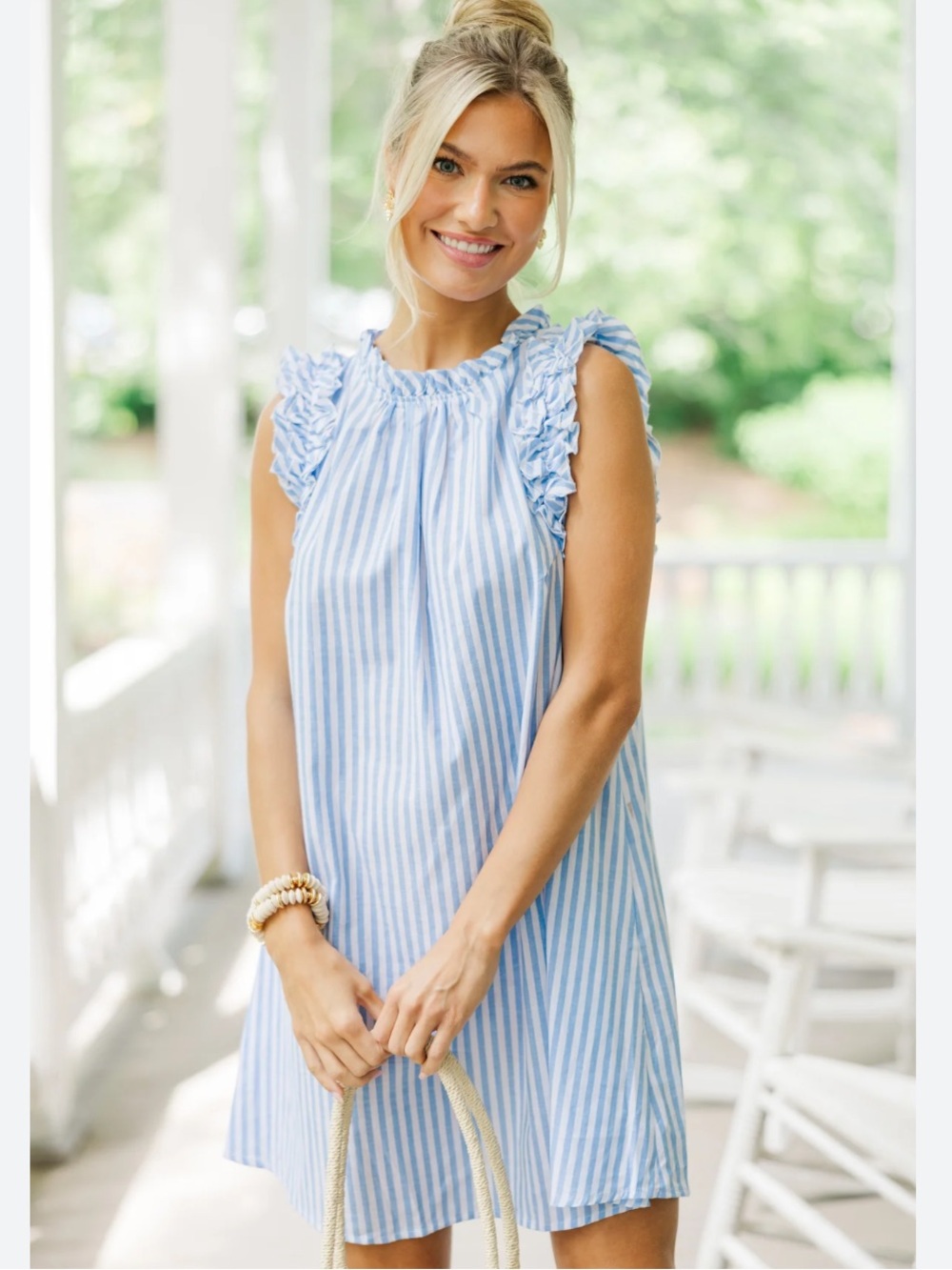 Umgee On the Lookout Blue and White Striped Ruffle Sleeve Dress